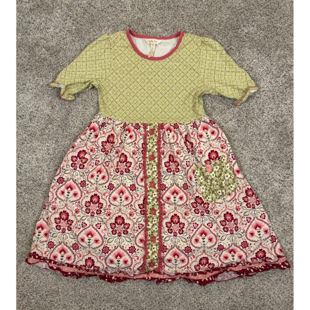 Matilda Jane Girls Dress Size 12 Green Pink Floral Mixed Print Ruffle Hem Pocket